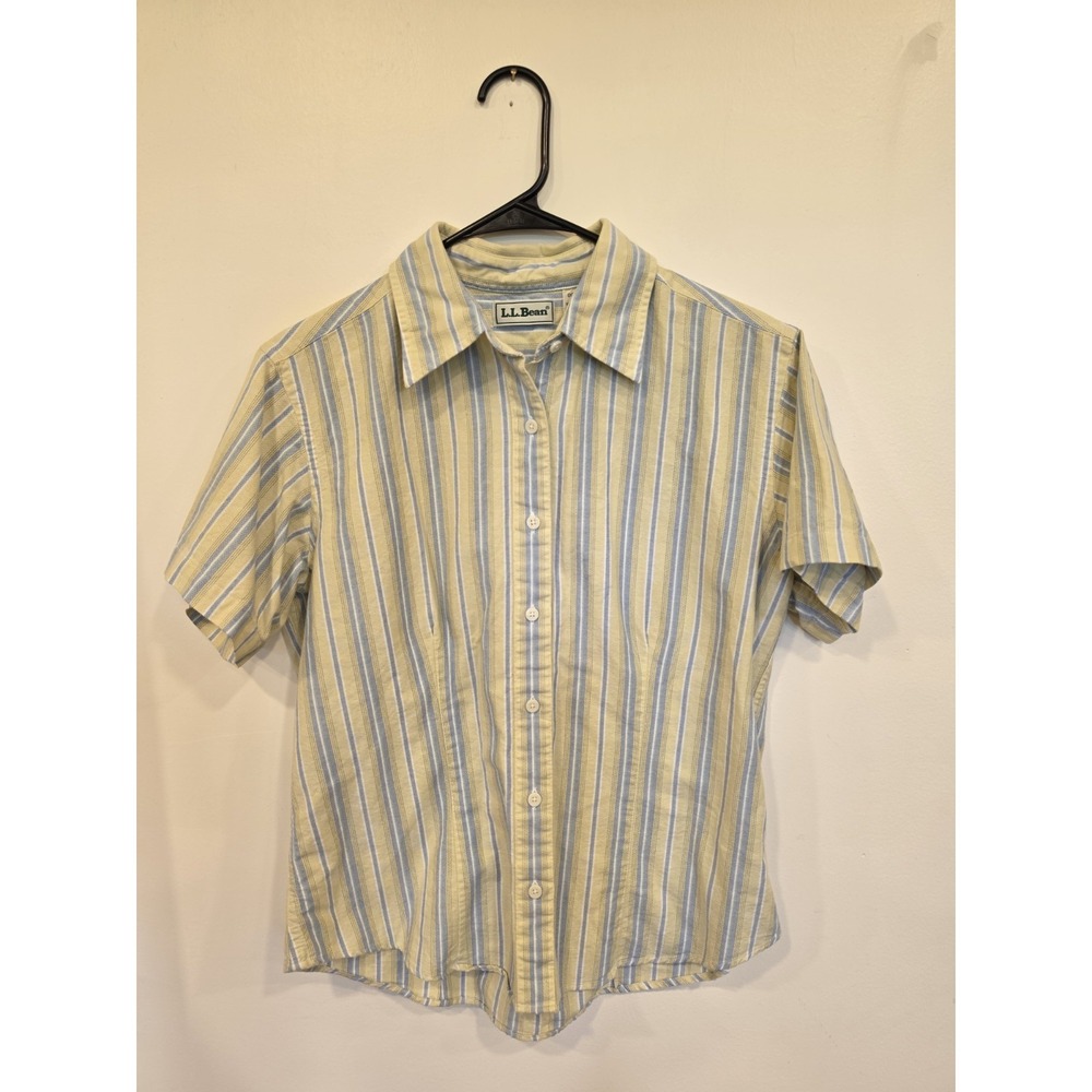 Vintage L.L.Bean Yellow Blue Striped Button Front Shirt Women's Size 12 Cotton